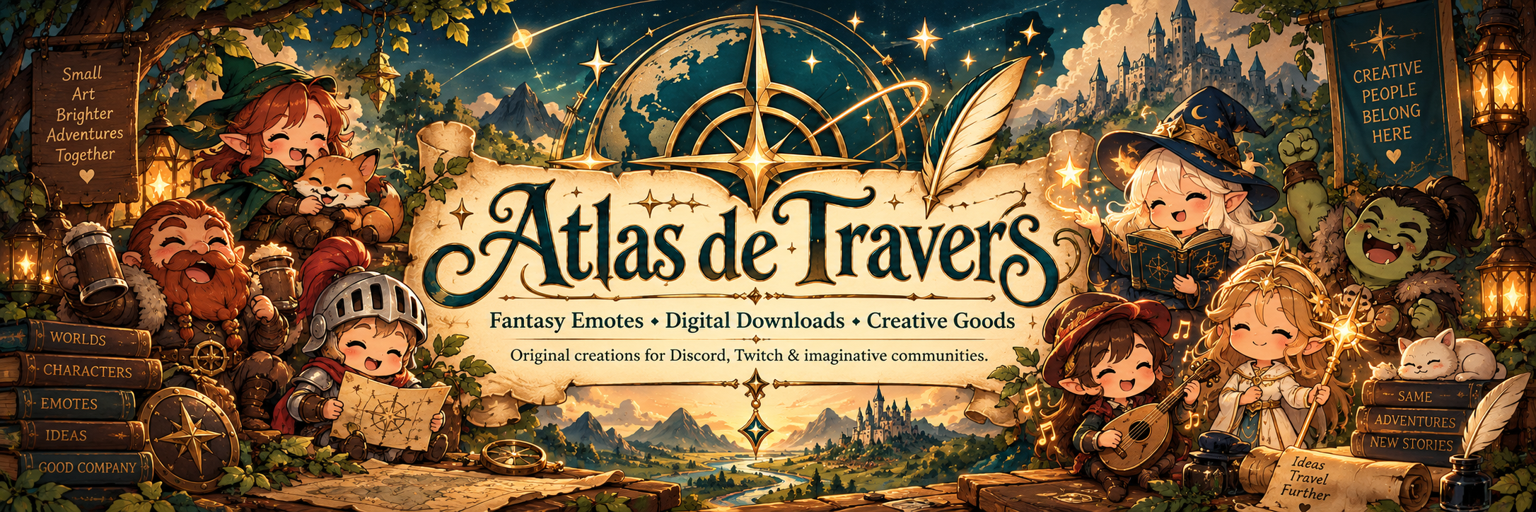 Bannière Atlas de Travers : créations numériques et émoticônes fantastiques